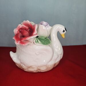 Italy Swan Rose Flowers Figurine Capodimonte Vintage Porcelain Statue Pottery